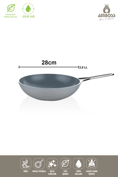 Sera Nova Yanmaz Yapışmaz Seramik Wok Tava 28 cm – Gri - 4