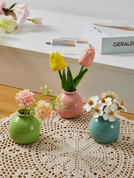 Seramik Vazo - Göl Mavisi Vazo - Sarı ve Beyaz Kurutulmuş Çiçekli - 4