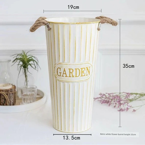 İskandinav Demir Çiçek Kovası Vazo - Retro Krem Beyaz - 35cm