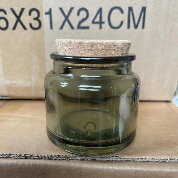 DIY Aromaterapi Mum Kabı - Mantarlı Cam Kavanoz - 100ml Yeşil (Korksuz Boş Şişe) - 8