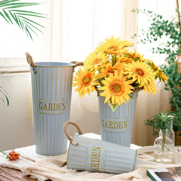 İskandinav Demir Çiçek Kovası Vazo - Retro Gök Mavisi - 40cm - Resim 7