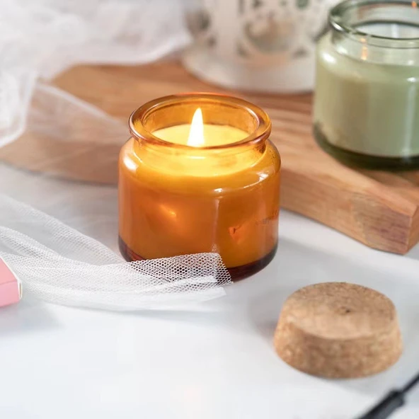 DIY Aromaterapi Mum Kabı - Mantarlı Cam Kavanoz - 100ml Yeşil (Korksuz Boş Şişe) - 5