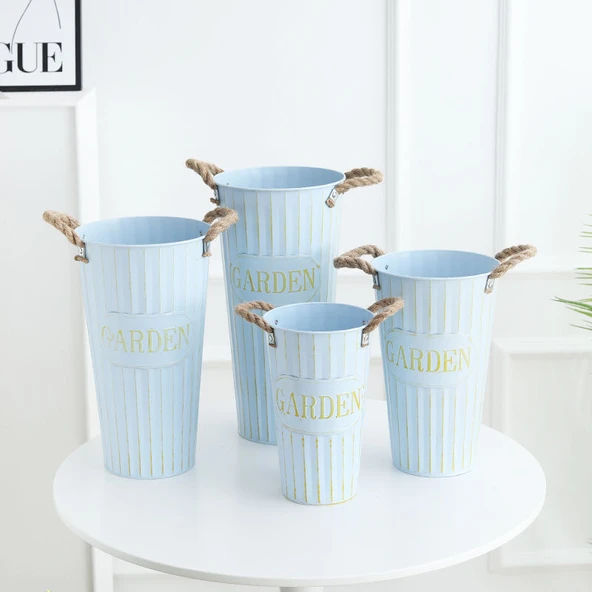 İskandinav Demir Çiçek Kovası Vazo - Retro Gök Mavisi - 40cm - Resim 8