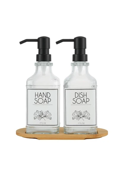 Lozione 2’li Mutfak Sıvı Sabunluk Seti - Bambu Stantlı Sıvı Sabunluk Takımı - 2x500 ML - 5
