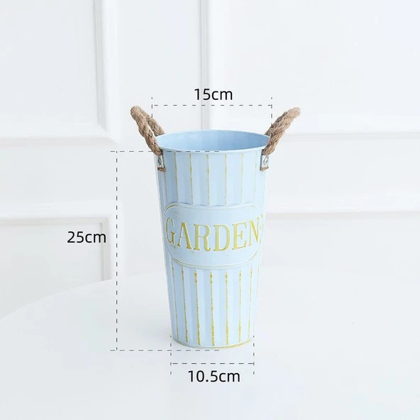 İskandinav Demir Çiçek Kovası Vazo - Retro Gök Mavisi - 40cm - Resim 9