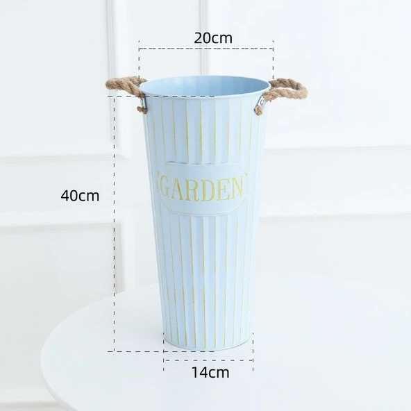 İskandinav Demir Çiçek Kovası Vazo - Retro Gök Mavisi - 40cm - Resim 12