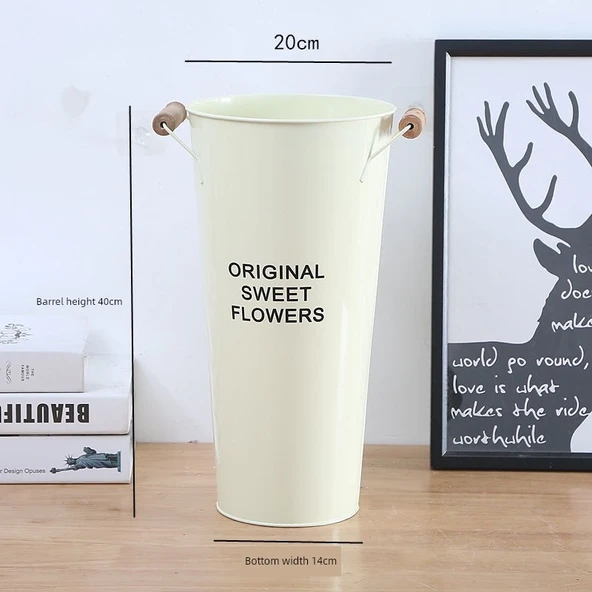 Rustik Metal Çiçek Kovası Vazo - Bej Ahşap Fıçılı - 40cm