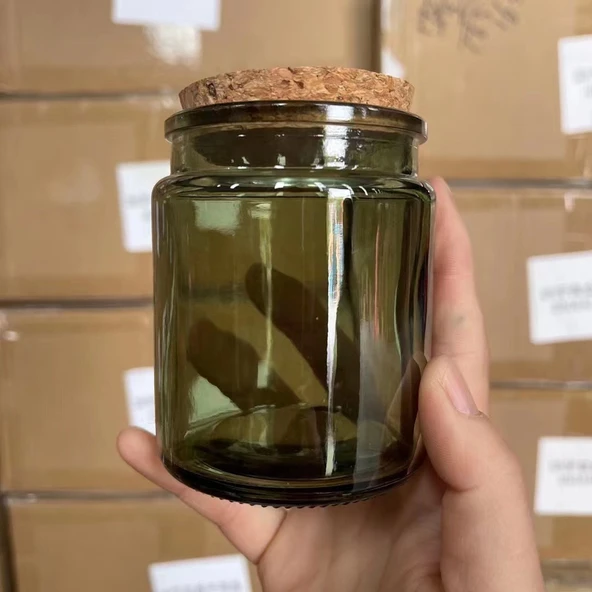 DIY Aromaterapi Mum Kabı - Mantarlı Cam Kavanoz - 200ml Yeşil (Korksuz Boş Şişe)