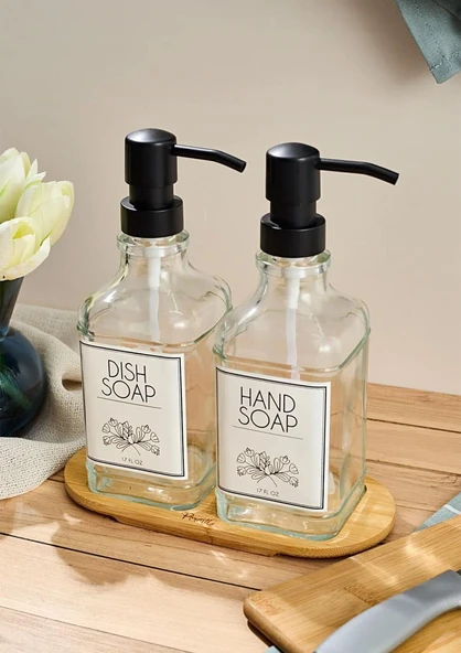 Lozione 2’li Mutfak Sıvı Sabunluk Seti - Bambu Stantlı Sıvı Sabunluk Takımı - 2x500 ML - 2