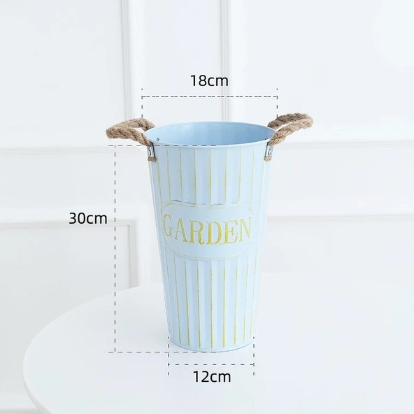 İskandinav Demir Çiçek Kovası Vazo - Retro Gök Mavisi - 40cm - Resim 10