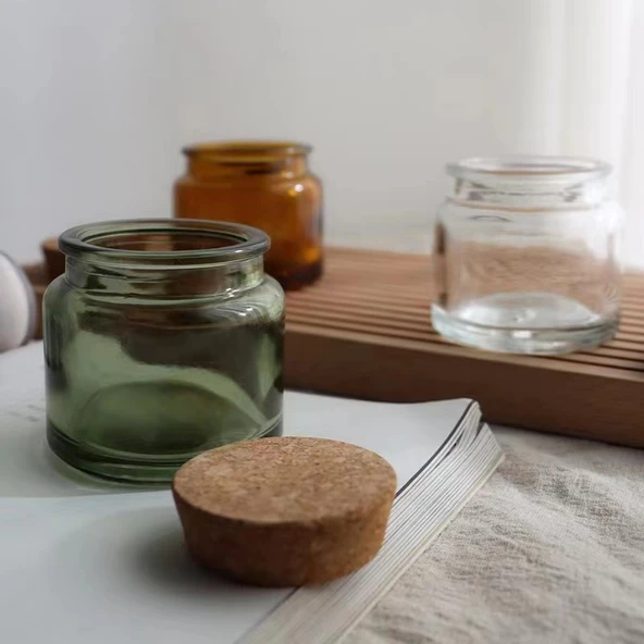 DIY Aromaterapi Mum Kabı - Mantarlı Cam Kavanoz - 100ml Yeşil (Korksuz Boş Şişe) - 3