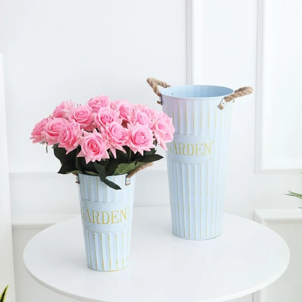 İskandinav Demir Çiçek Kovası Vazo - Retro Gök Mavisi - 40cm - Resim 3