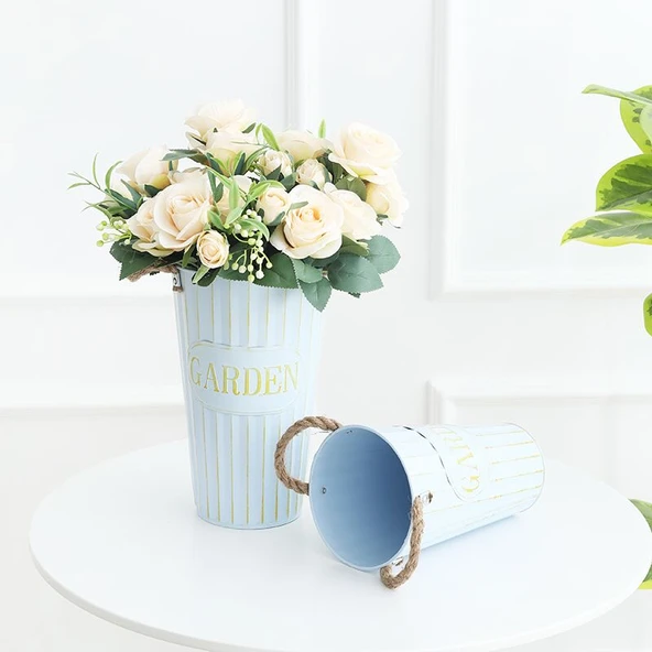 İskandinav Demir Çiçek Kovası Vazo - Retro Gök Mavisi - 40cm - Resim 4