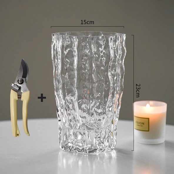 Modern Minimalist Cam Vazo - Buzul Büyük Boy Şeffaf + Dirsek Makası