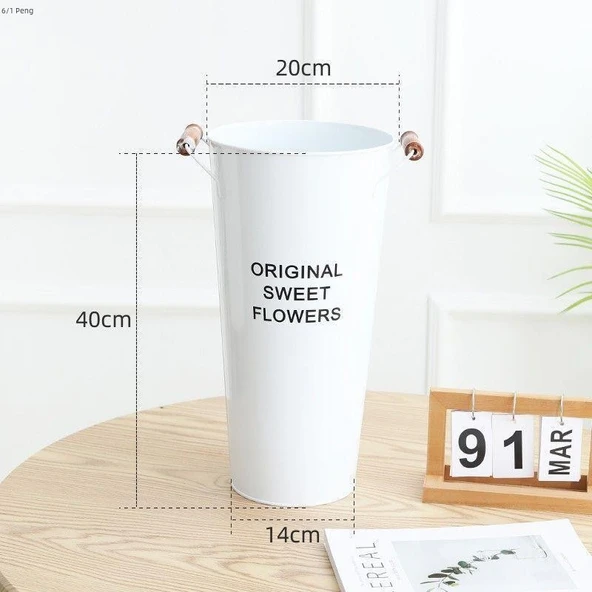 Beyaz Ahşap Desenli Demir Saksı - 40cm
