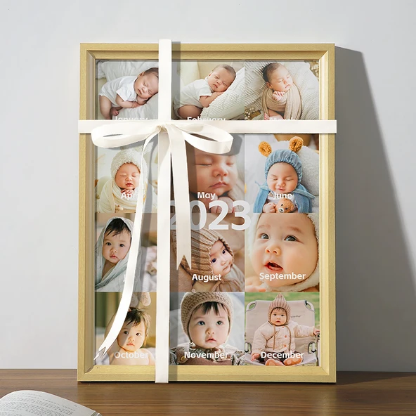 Bebek 12 Ay Gelişim Fotoğraf Çerçevesi A3 - Açık Ahşap + Fotoğraf Baskılı