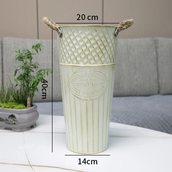 Retro Metal Çiçek Kovası - Krem Beyazı - 40cm Yükseklik - 20cm Ağız Çapı