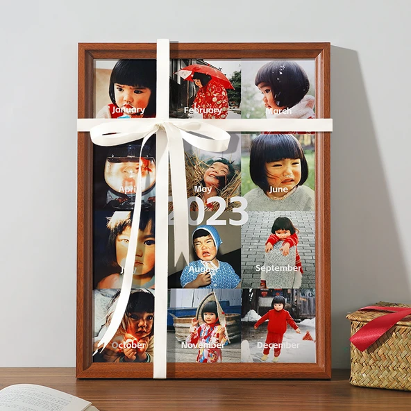 Bebek 12 Ay Gelişim Fotoğraf Çerçevesi A4 - Ceviz + Fotoğraf Baskılı