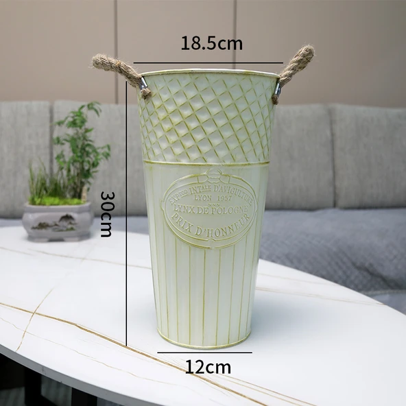 Retro Metal Çiçek Kovası - Krem Beyazı - 30cm Yükseklik - 18cm Ağız Çapı