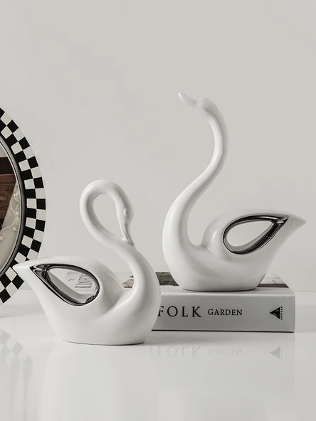 Gümüş Kaplama Seramik Kuğu Heykelcik - Çift Kuğu Süsleme - 3