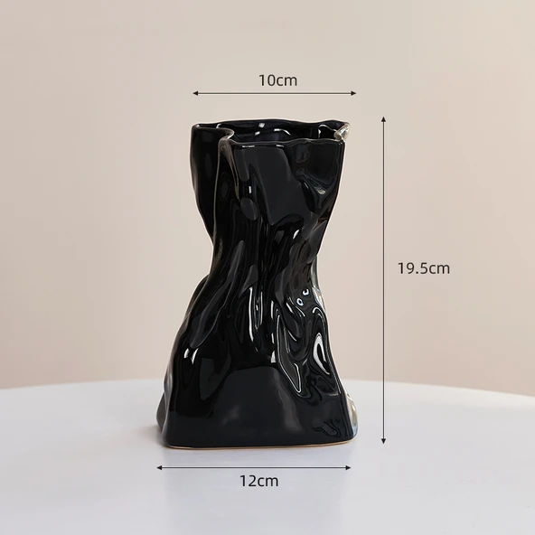 Modern Minimalist Seramik Vazo - Seramik Parlak/Siyah [Katlanır Kağıt Torba]