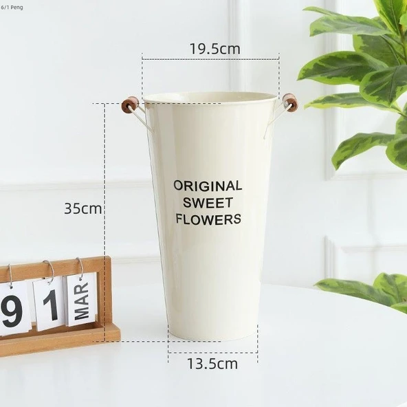 Bej Ahşap Desenli Demir Saksı - 35cm