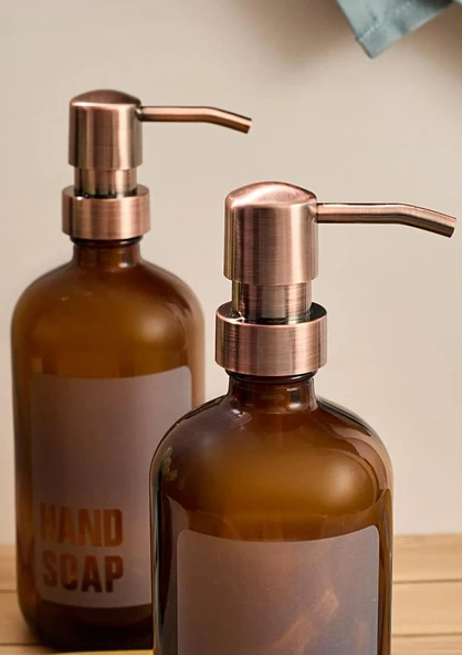 Lozione 2’li Mutfak Sıvı Sabunluk Seti - Bambu Stantlı Sıvı Sabunluk Takımı - 2x500 ML, Amber - Resim 4