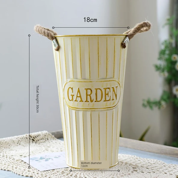 Retro Beyaz Metal Çiçek Kovası - 30cm