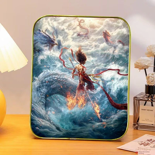 Nezha Sihirli Çocuk Savaşçı Ejderha Dekoratif Tablo Çerçevesi - 20x25cm