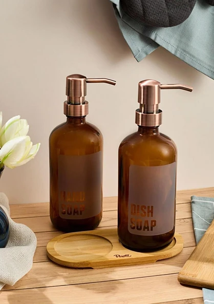 Lozione 2’li Mutfak Sıvı Sabunluk Seti - Bambu Stantlı Sıvı Sabunluk Takımı - 2x500 ML, Amber - Resim 2