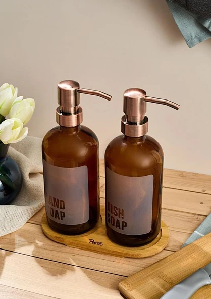 Lozione 2’li Mutfak Sıvı Sabunluk Seti - Bambu Stantlı Sıvı Sabunluk Takımı - 2x500 ML, Amber - Resim 3