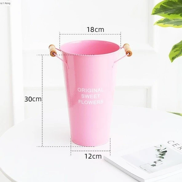 Pembe Ahşap Desenli Demir Saksı - 30cm