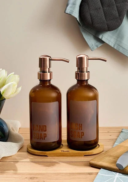 Lozione 2’li Mutfak Sıvı Sabunluk Seti - Bambu Stantlı Sıvı Sabunluk Takımı - 2x500 ML, Amber ürün görseli