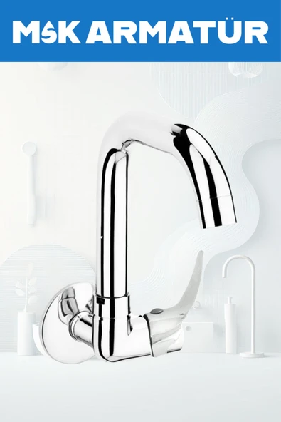 Duvardan Tek Su Çıkışlı Köşe Borulu Eviye Lavabo Bataryası Çeşmesi