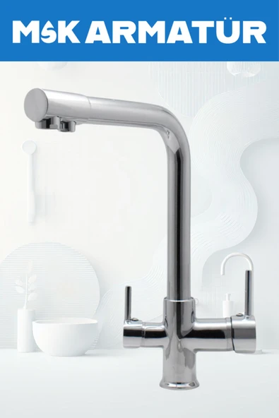 Krom Arıtmalı Mutfak Eviye Bataryası 3 Yollu L Boru Lüx Su Tasaruflu Musluk Garantili - 4