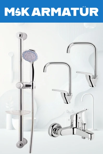 Krom Sürgülü Köşe Eviye Lavabo Banyo Bataryası 4 Lü Set