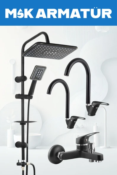 Siyah Krom Baston Lüx Eviye Lavabo Banyo 4 Lü Set ürün görseli 1