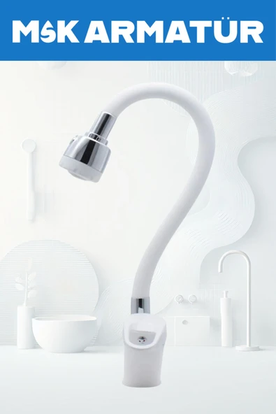 Beyaz Krom Detay Mutfak Eviye Bataryası Oynar Borulu 2 Fonksiyonlu Musluk ürün görseli 1