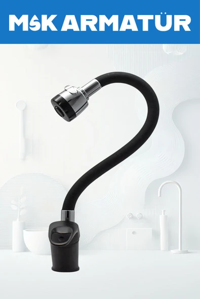 Siyah Krom Oynar Borulu Lüx Eviye Bataryası Çeşmesi ürün görseli 1