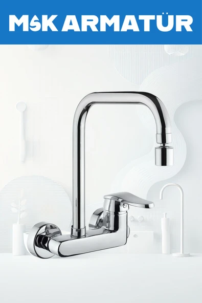 Krom Duvardan Oynar Başlıklı Köşe Borulu Eviye Bataryası Çeşmesi ürün görseli 1