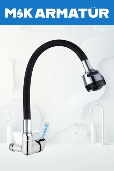 Tek Su Çıkışlı Eviye Lavabo Bataryası Siyah Başlıklı Oynar Borulu