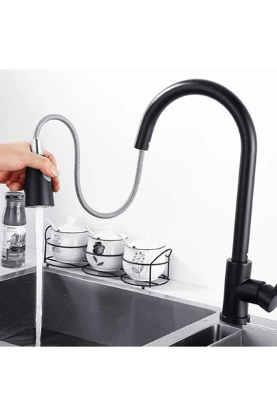Siyah Mat Oynar Başlıklı Fonksiyonlu Spiralli Eviye Mutfak Lavabo Batarya Pirinç Malzeme - Resim 3