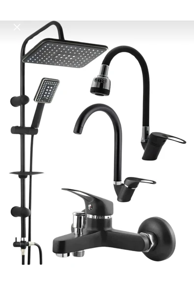 Siyah Krom Robot 4 Lü Eviye Lavabo Banyo Batayası Seti