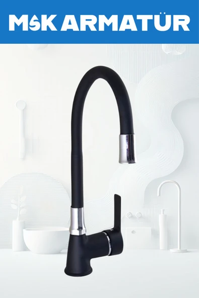 Siyah Krom Armut Oynar Borulu Eviye Lavabo Bataryası Çeşmesi ürün görseli 1