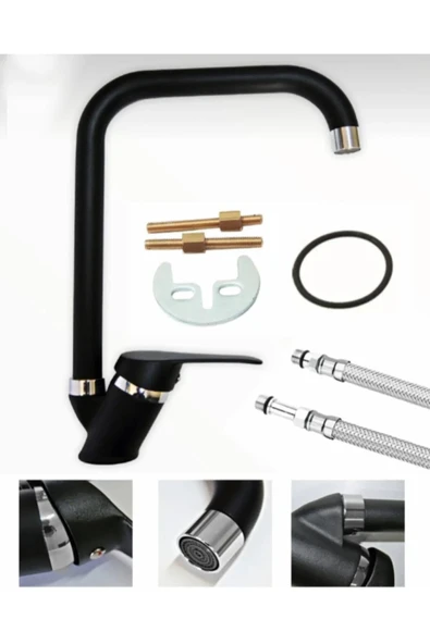 Siyah Köşe Boru Mix Mutfak Evye Bataryası 5 Yıl Garantili - Resim 4