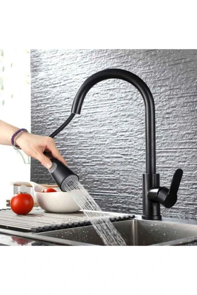 Siyah Mat Oynar Başlıklı Fonksiyonlu Spiralli Eviye Mutfak Lavabo Batarya Pirinç Malzeme ürün görseli 1
