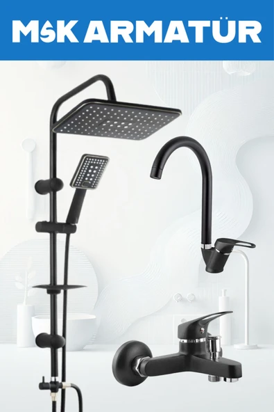 Siyah Krom Baston Eviye Lavabo Banyo Bataryası Lüx 3 Lü Set
