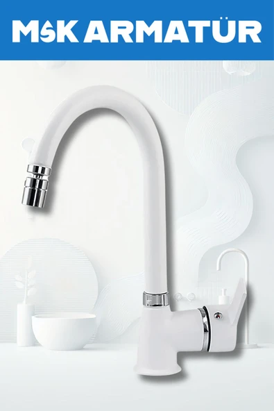 Beyaz Krom Armut Oynar Başlıklı Baston Eviye Bataryası Çeşmesi ürün görseli 1