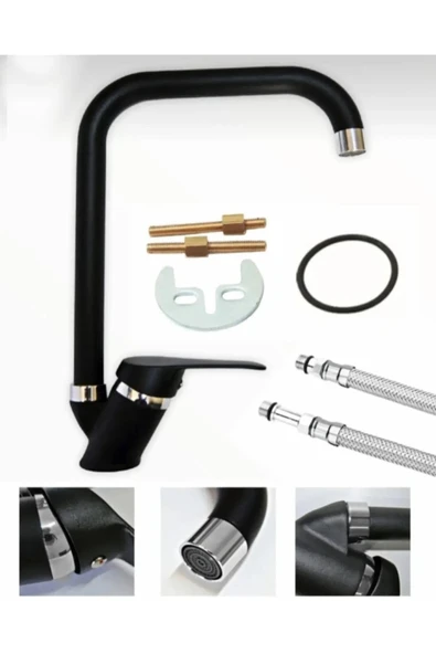 Siyah Köşe Boru Mix Mutfak Evye Bataryası 5 Yıl Garanti Musluk - Resim 3