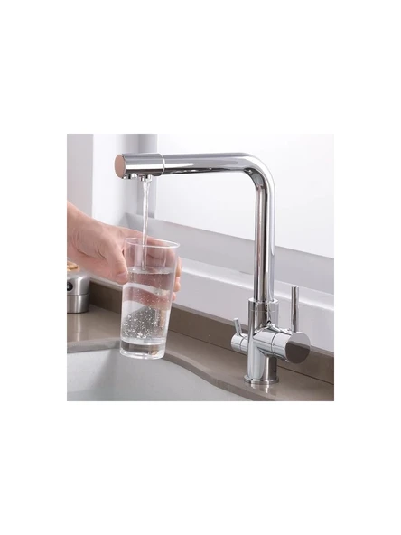 Krom Arıtmalı Mutfak Eviye Bataryası 3 Yollu L Boru Lüx Su Tasaruflu Musluk Garantili